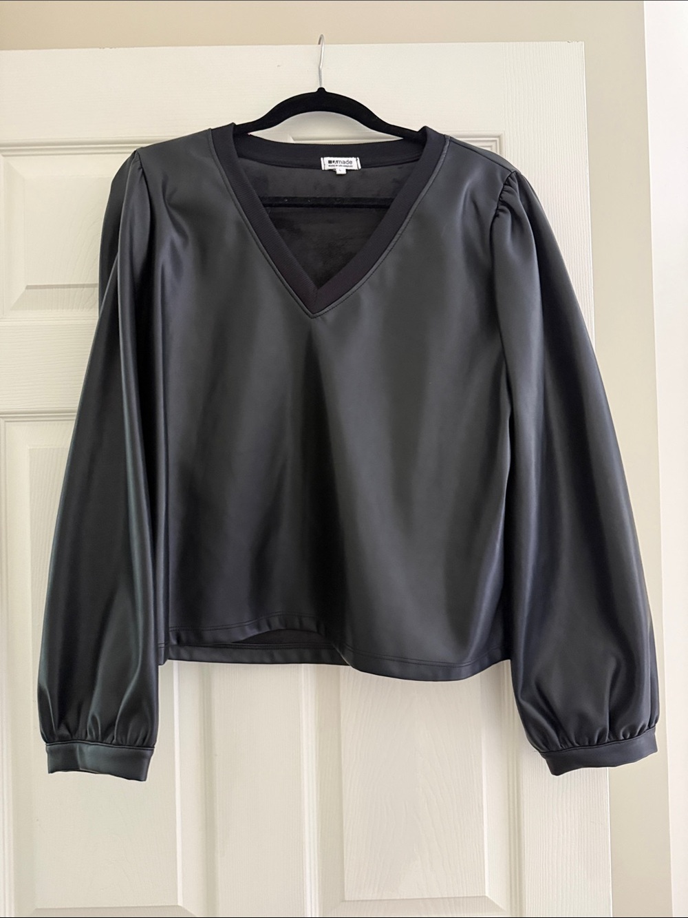 Rails Black Faux Leather V-Neck Puff Sleeve Top